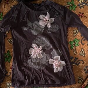 Dark Brown Long Sleeve Top with Pink Floral Appliqués
